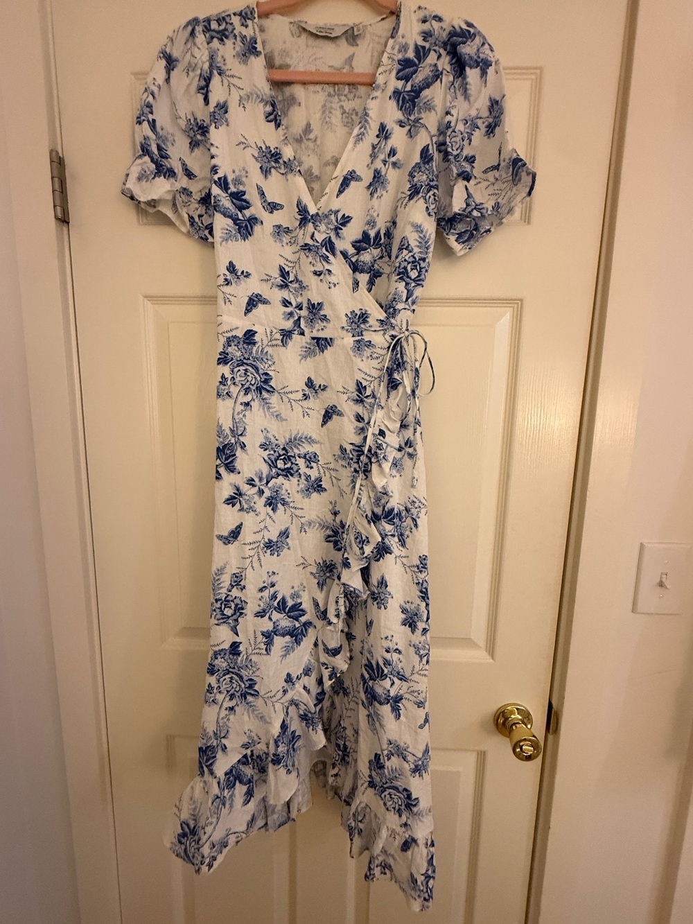 & Other Stories White Midi Wrap Dress with Blue Floral Print